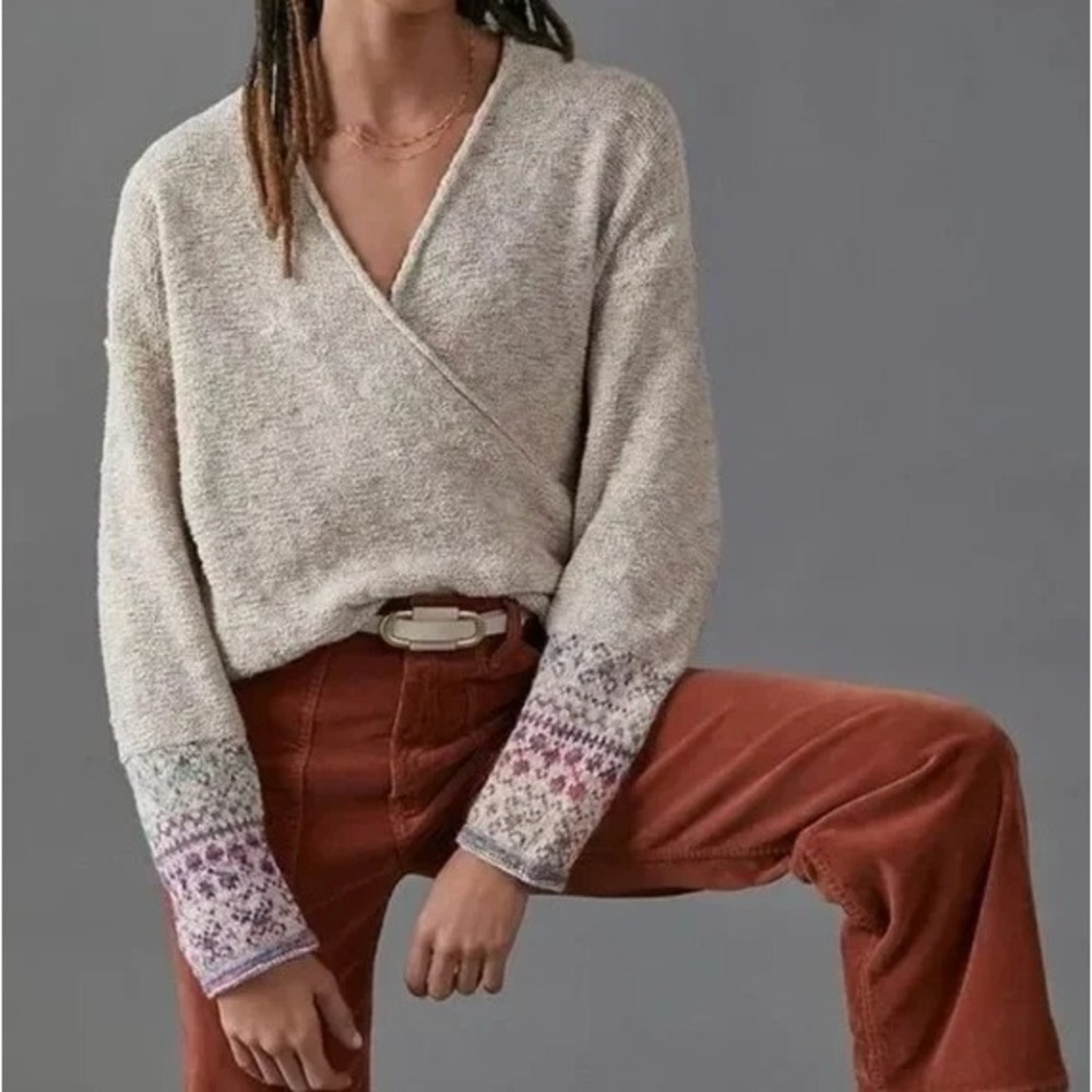 Anthropologie Pilcro Drew Surplice‎ Sweater Size XS Fair Isle Cuff Sleeve Detail